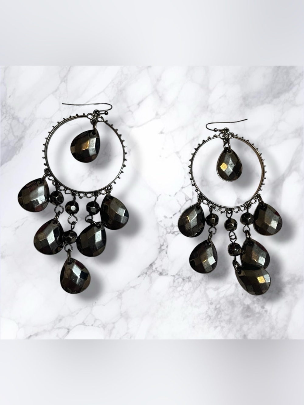 New York & Company Faceted Hematite Teardrop Chandelier Earrings